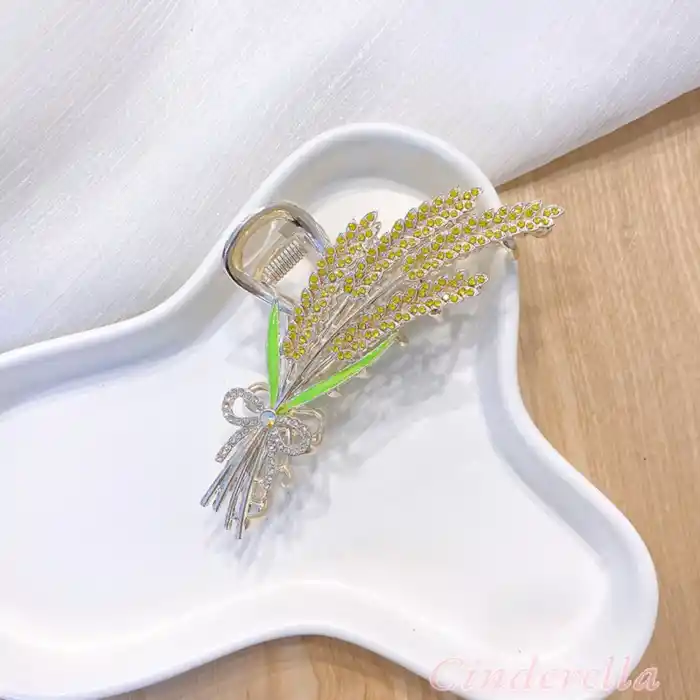 Buğday Başaklı Fiyonklu Kadın Metal Mandal Toka Gold - Kristal Taşlı Mandallı Saç Topuz Tokası