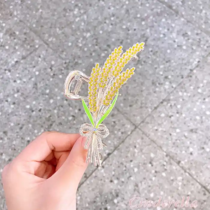 Buğday Başaklı Fiyonklu Kadın Metal Mandal Toka Gold - Kristal Taşlı Mandallı Saç Topuz Tokası