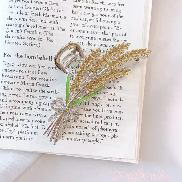 Buğday Başaklı Fiyonklu Kadın Metal Mandal Toka Gold - Kristal Taşlı Mandallı Saç Topuz Tokası