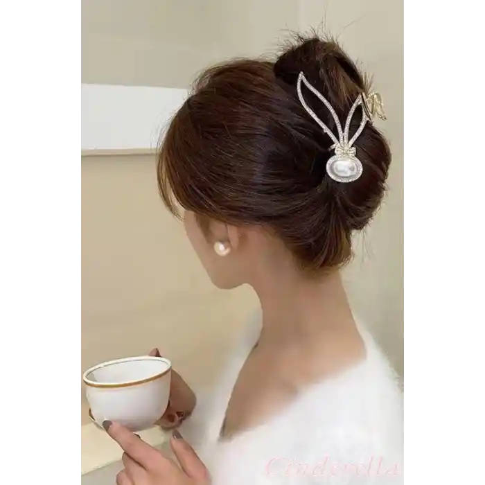 Büyük İnci Taşlı Fiyonk Detaylı Taşlı Kadın Gold Metal Mandal Toka - Lüks Mandallı Saç Tokası