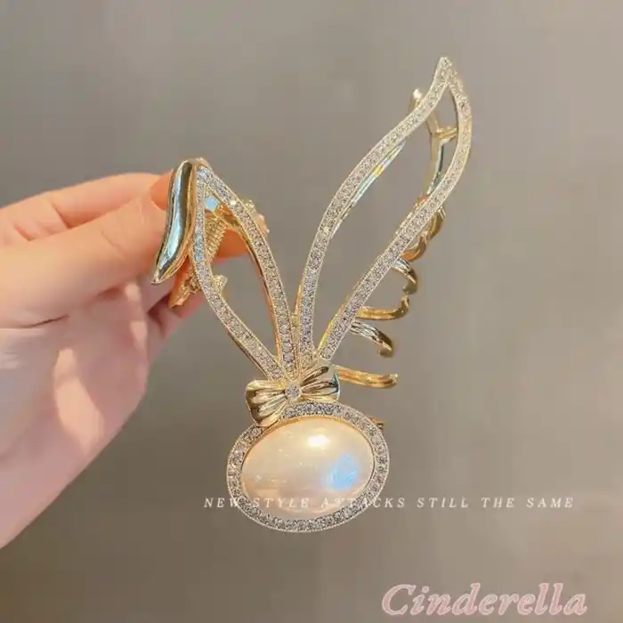 Büyük İnci Taşlı Fiyonk Detaylı Taşlı Kadın Gold Metal Mandal Toka - Lüks Mandallı Saç Tokası