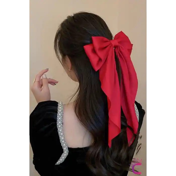Büyük Kırmızı Saten Otomatik Fiyonk Toka 35cm - Uzun Fiyonklu Kurdeleli Klipsli Fularlı Saç Tokası
