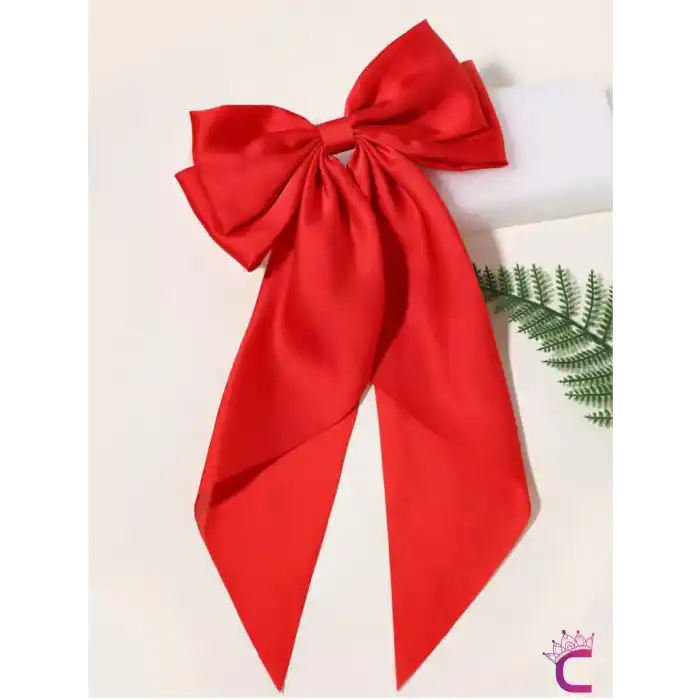 Büyük Kırmızı Saten Otomatik Fiyonk Toka 35cm - Uzun Fiyonklu Kurdeleli Klipsli Fularlı Saç Tokası