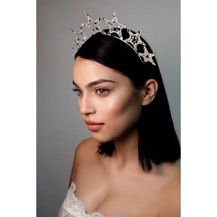 Büyük Yıldızlı Kristal Taşlı Taç Gold Renk - Parti Doğum Günü Düğün Çekimi Yılbaşı Tacı