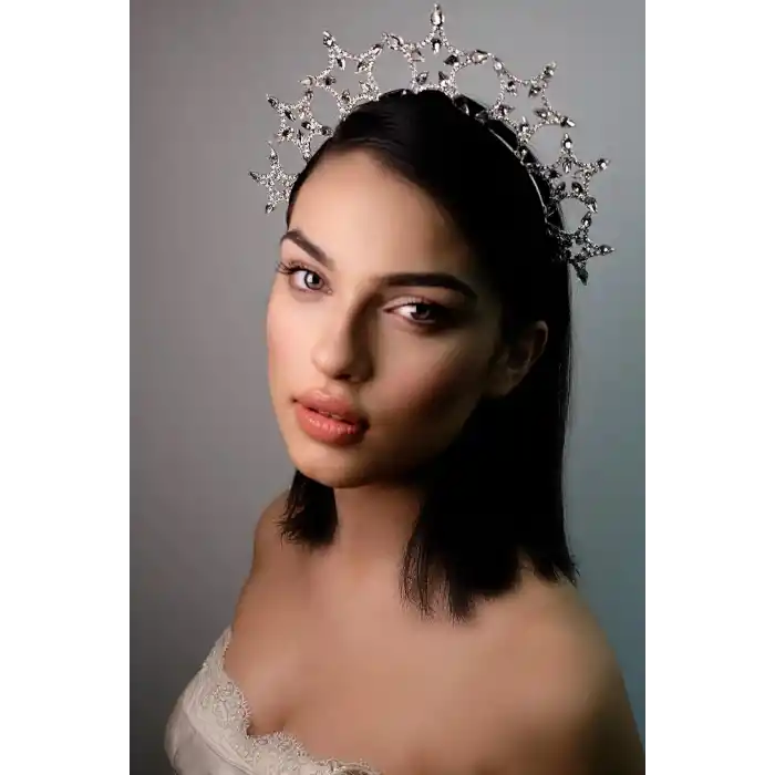 Büyük Yıldızlı Kristal Taşlı Taç Gold Renk - Parti Doğum Günü Düğün Çekimi Yılbaşı Tacı