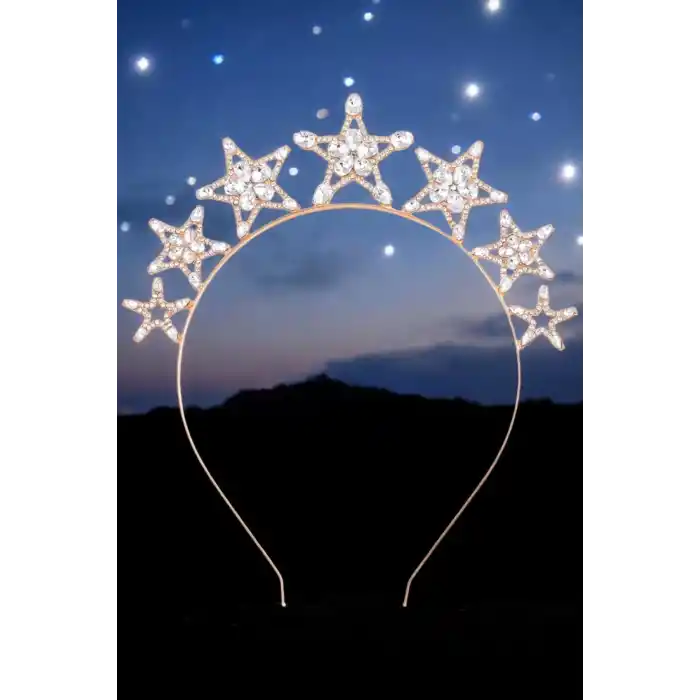 Büyük Yıldızlı Kristal Taşlı Taç Gold Renk - Parti Doğum Günü Düğün Çekimi Yılbaşı Tacı