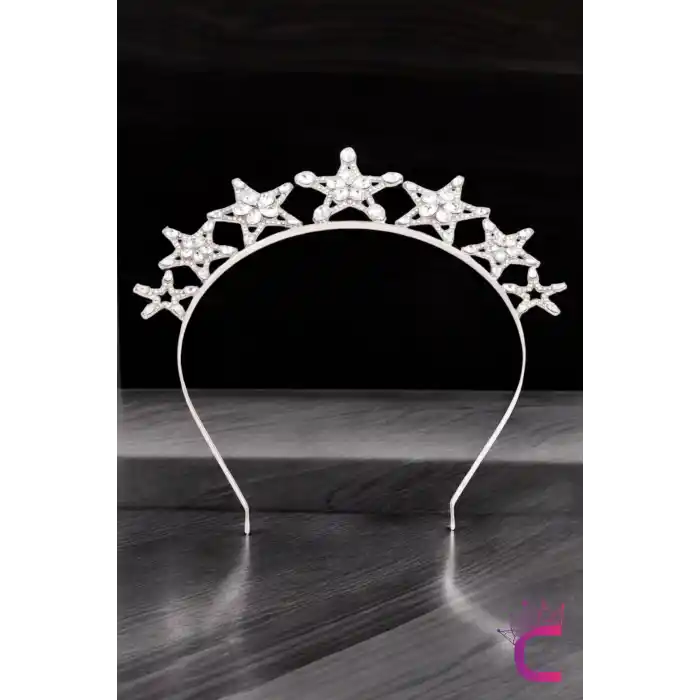 Büyük Yıldızlı Rhine-Stone Kristal Taşlı Taç Gümüş Renk - Parti Doğum Günü Düğün Çekimi Yılbaşı Tacı