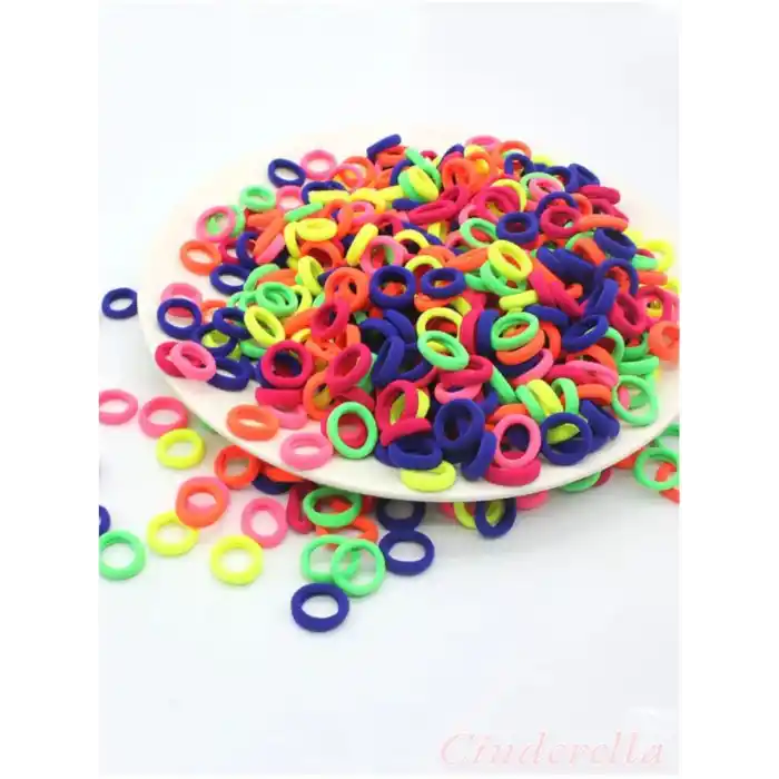 Çantalı 100lü Floresan Renkli Mini Havlu Lastik Toka Seti - Kız Çocuk Lastikli Saç Tokası Model-2