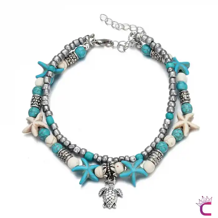 Caretta Kablumbağa Tasarım Turkuaz Yıldızlı Boncuklu Kadın Halhal - Deniz Kombini Doğal Taşlı Halhal