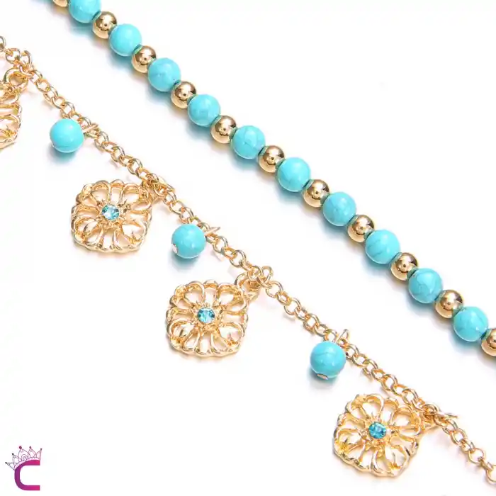 Çiçek Tasarım Deniz Mavi Boncuklu Gold Zincirli Kadın 2li Kombin Halhal - Zarif Ayak Zinciri Halhal