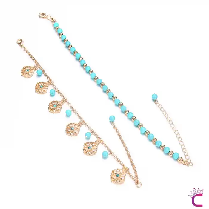 Çiçek Tasarım Deniz Mavi Boncuklu Gold Zincirli Kadın 2li Kombin Halhal - Zarif Ayak Zinciri Halhal