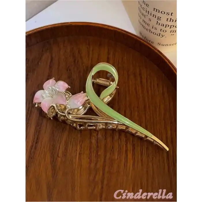 Çiçek ve Yaprak Tasarım İncili Metal Mandal Toka Gold - Zarif Kadın Mandallı Saç Topuz Tokası