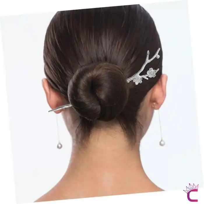 Dal Tasarım Çiçekli Japon Topuz Tokası 18cm Gümüş Renk - Vintage Kadın Metal Saç Çubuk Topuz Tokası