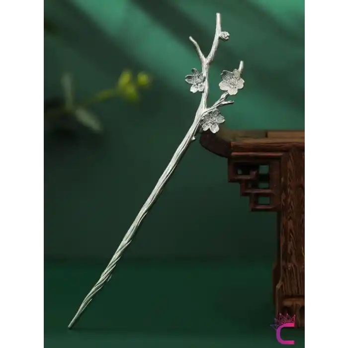 Dal Tasarım Çiçekli Japon Topuz Tokası 18cm Gümüş Renk - Vintage Kadın Metal Saç Çubuk Topuz Tokası