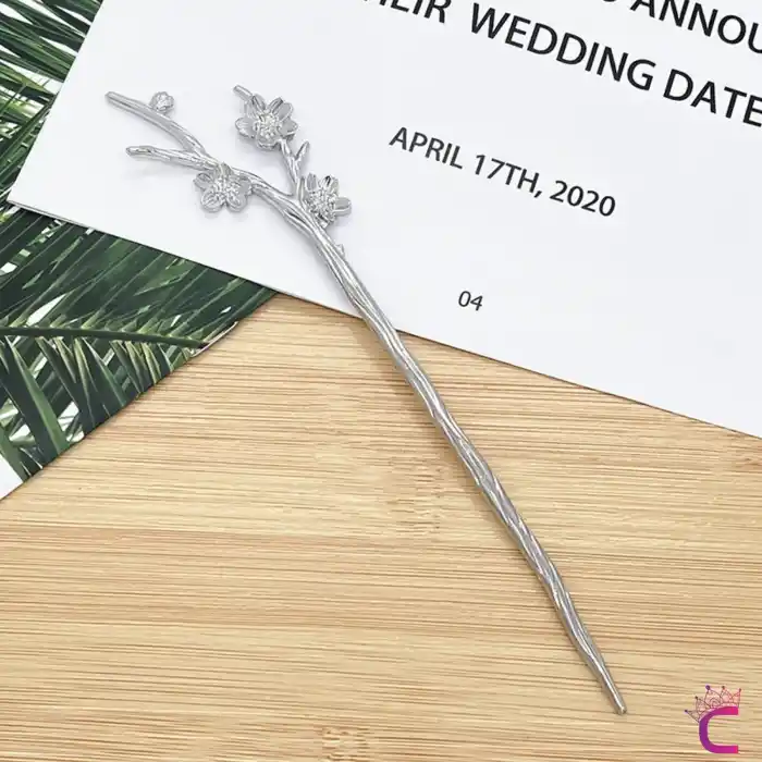 Dal Tasarım Çiçekli Japon Topuz Tokası 18cm Gümüş Renk - Vintage Kadın Metal Saç Çubuk Topuz Tokası