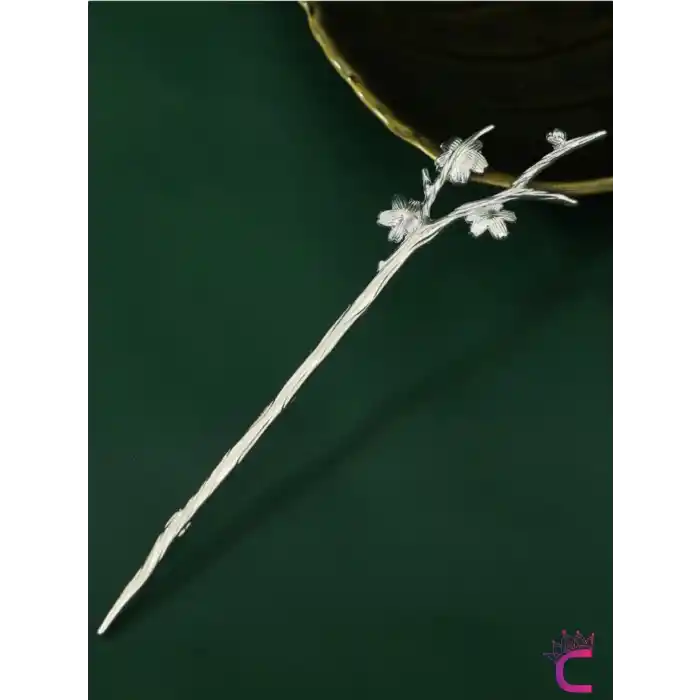 Dal Tasarım Çiçekli Japon Topuz Tokası 18cm Gümüş Renk - Vintage Kadın Metal Saç Çubuk Topuz Tokası