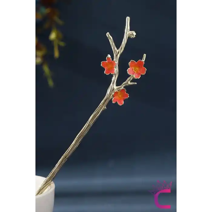 Dal Tasarım Mercan Turuncu Japon Topuz Çubuğu 18cm - Kadın Metal Saç Topuz Tokası Çubuk Toka