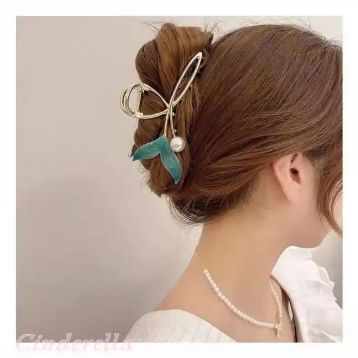 Turkuaz Sedefli İncili Balık Kuyruğu Kadın Mandal Toka - Metal Büyük Boy Mandallı Saç Topuz Tokası