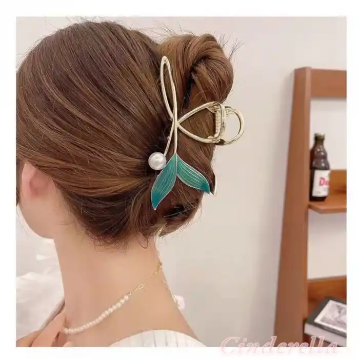 Turkuaz Sedefli İncili Balık Kuyruğu Kadın Mandal Toka - Metal Büyük Boy Mandallı Saç Topuz Tokası