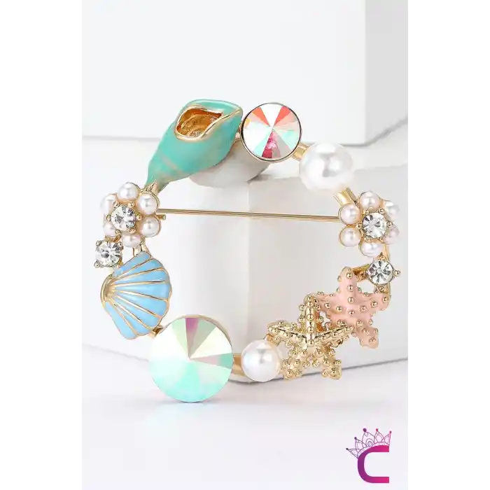 Deniz Yıldızı İncili Taşlı Çiçekli Kadın Çelenk Broş - Hediyelik Elbise Ceket Yaka İğnesi Rozeti