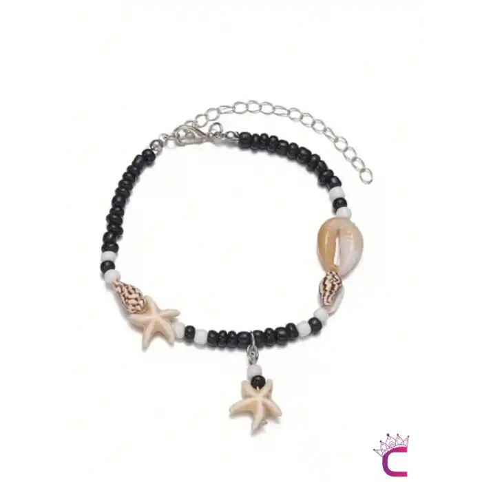 Deniz Yıldızı Kabuklu Siyah Halhal - Ayarlanabilir Miyuki Boncuklu Ayak Bileklik Plaj Takıları
