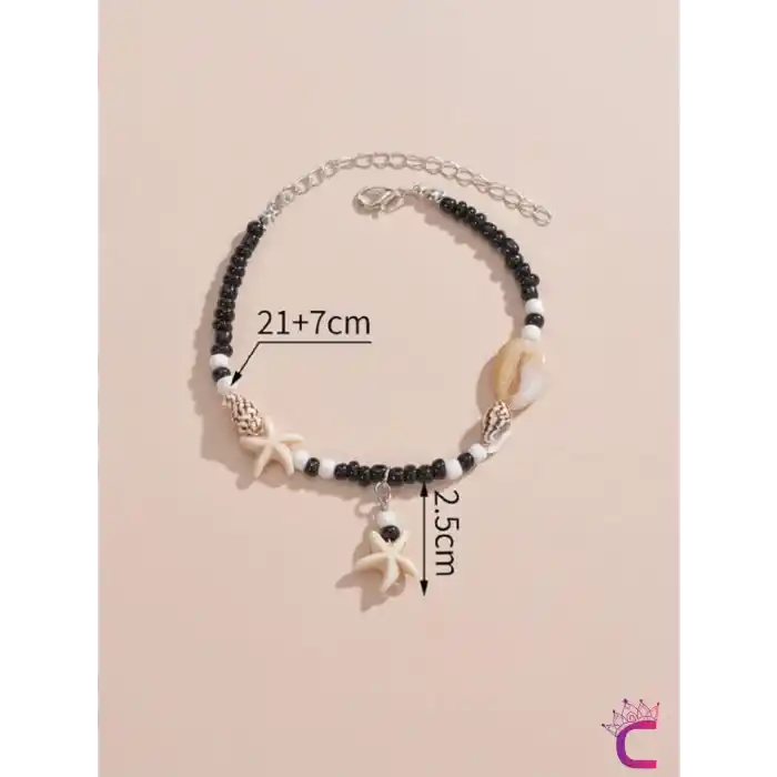 Deniz Yıldızı Kabuklu Siyah Halhal - Ayarlanabilir Miyuki Boncuklu Ayak Bileklik Plaj Takıları