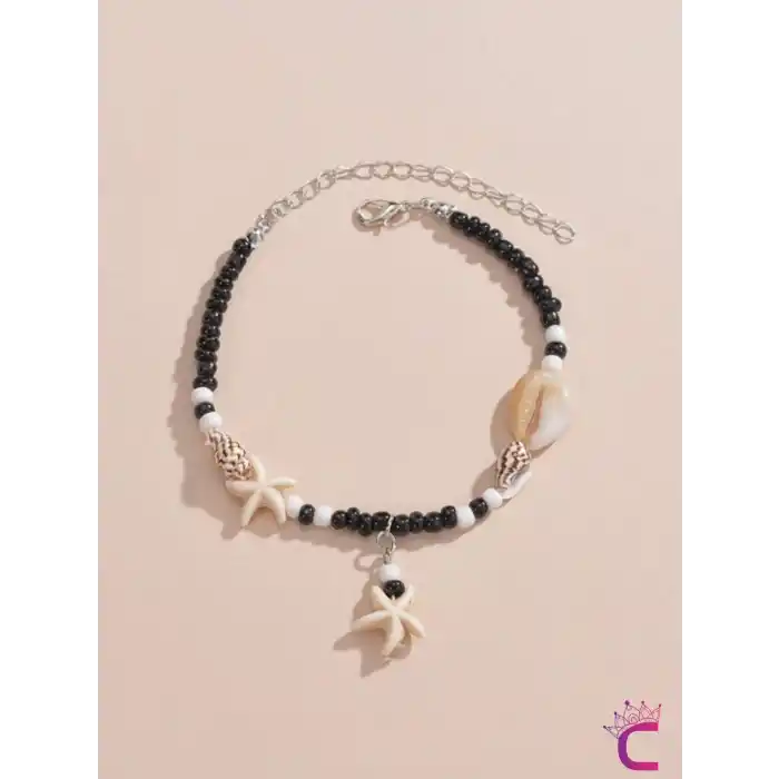 Deniz Yıldızı Kabuklu Siyah Halhal - Ayarlanabilir Miyuki Boncuklu Ayak Bileklik Plaj Takıları