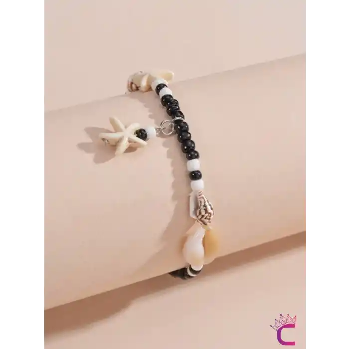 Deniz Yıldızı Kabuklu Siyah Halhal - Ayarlanabilir Miyuki Boncuklu Ayak Bileklik Plaj Takıları