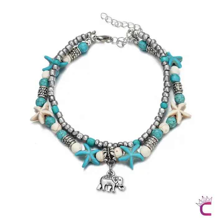 Fil Tasarım Turkuaz Yıldızlı Boncuklu Kadın Halhal - Yazlık Deniz Kombini Doğal Taşlı Halhal