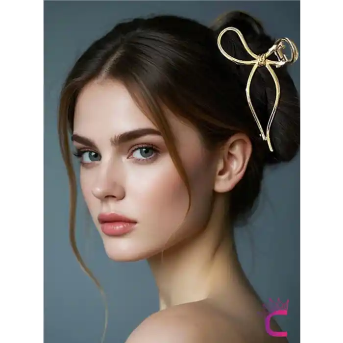 Fiyonk Model Gold Kadın Metal Mandal Toka 11.5cm - Kurdele Fiyonklu Mandallı Saç Topuz Tokası