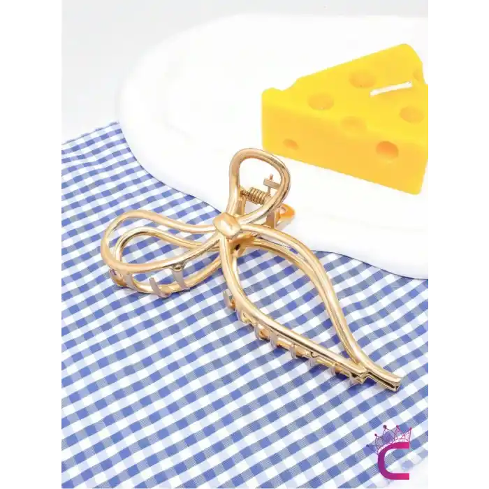 Fiyonk Model Gold Kadın Metal Mandal Toka 11.5cm - Kurdele Fiyonklu Mandallı Saç Topuz Tokası