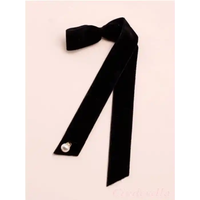 Fransız Tarzı Uzun Kurdele İnci Dekor Siyah Kadife Fiyonk Otomatik Toka - Zarif Kadın Saç Tokası