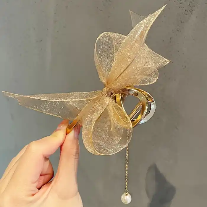 İnci Taşlı Kuyruklu Gold Renk Tül Fiyonk Model Mandal Toka - Yeni Trend Özel Saç Tokası