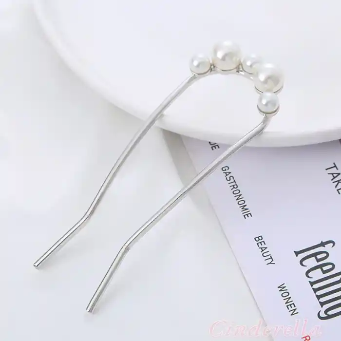 İnci Taşlı Metal Topuz Tokası 10cm Gümüş Renk - Kadın Trend İncili Çubuk Saç Topuz Toka