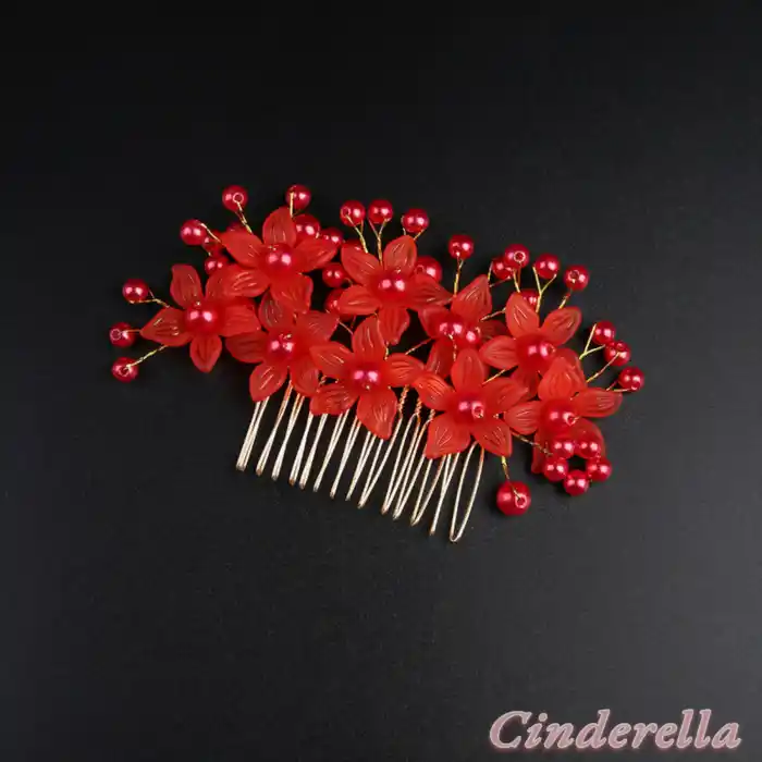 İncili Çiçekli Model İnci Tarak Toka Kırmızı - Gelin Tacı Düğün Nişan Kına Söz Saç Topuz Aksesuarı