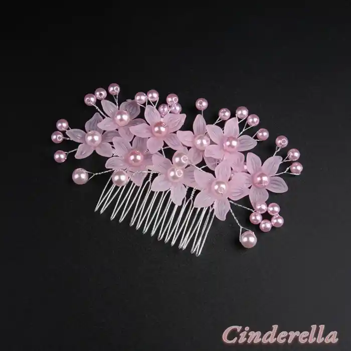 İncili Çiçekli Model İnci Tarak Toka Pembe - Gelin Tacı Düğün Nişan Kına Söz Saç Topuz Aksesuarı