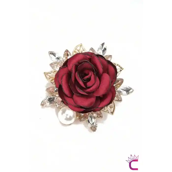 İncili Kristal Taşlı Kırmızı Kumaş Çiçek Gül Broş - Gold Yaprak Yaka Çiçeği İğnesi Aksesuar Hediyesi