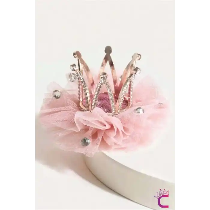 İncili Kristal Taşlı Pembe Tüllü Kraliçe Prenses Kız Çocuk Tacı - Parti Doğum Günü Pens Saç Tokası