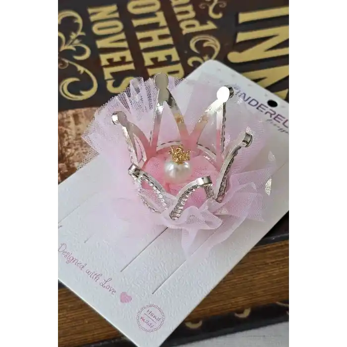 İncili Kristal Taşlı Pembe Tüllü Kraliçe Prenses Kız Çocuk Tacı - Parti Doğum Günü Pens Saç Tokası