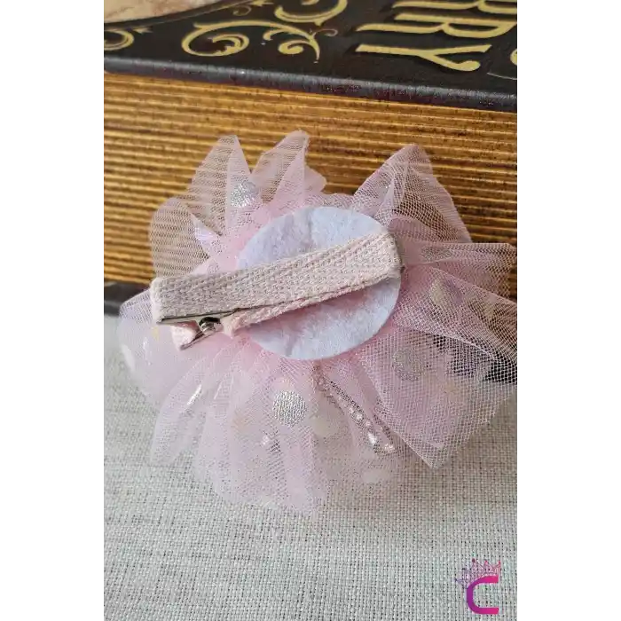 İncili Kristal Taşlı Pembe Tüllü Kraliçe Prenses Kız Çocuk Tacı - Parti Doğum Günü Pens Saç Tokası