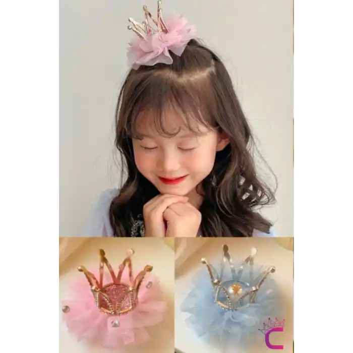 İncili Kristal Taşlı Pembe Tüllü Kraliçe Prenses Kız Çocuk Tacı - Parti Doğum Günü Pens Saç Tokası
