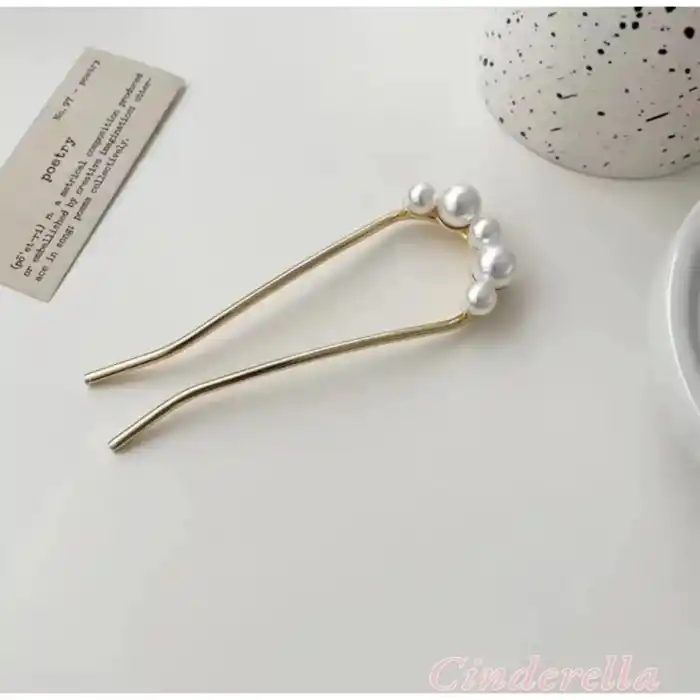 İncili Metal Çubuk Topuz Tokası Gold - Trend İnci Taşlı Saç Topuz Çubuğu
