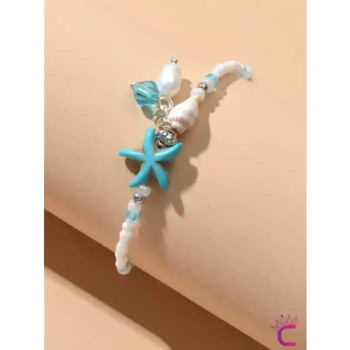 İncili Taşlı Deniz Kabuğu Ayarlanabilir Halhal - Yıldızlı Miyuki Boncuklu Ayak Bilekliği Plaj Takısı