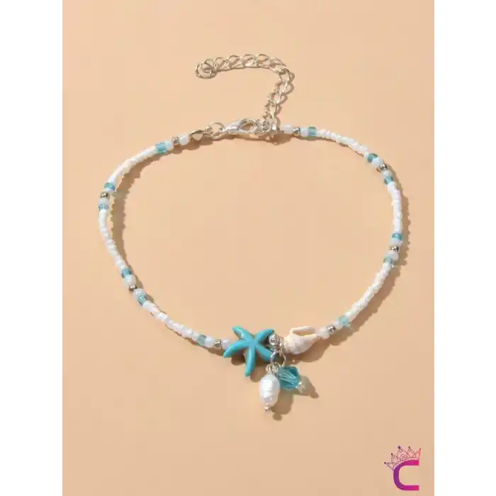 İncili Taşlı Deniz Kabuğu Ayarlanabilir Halhal - Yıldızlı Miyuki Boncuklu Ayak Bilekliği Plaj Takısı