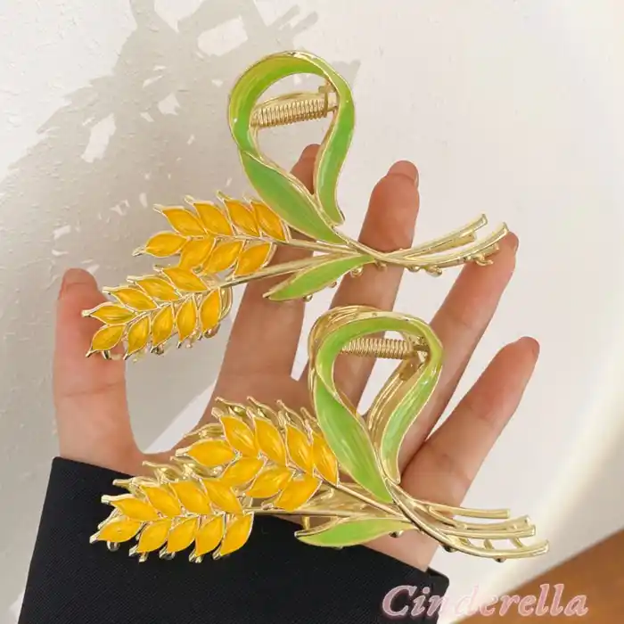 Kadın Buğday Detaylı Gold Metal Mandal Toka - Yeni Sezon Büyük Mandallı Saç Tokası