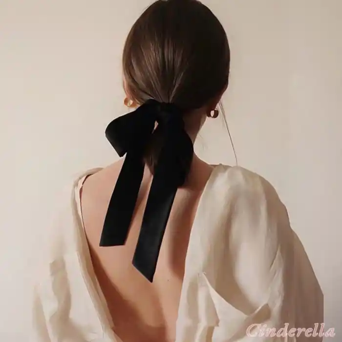 Kadın Kadife Scrunchie Lastikli Fiyonk Model Toka Siyah 35 cm - Zarif Uzun Fiyonklu Saç Tokası