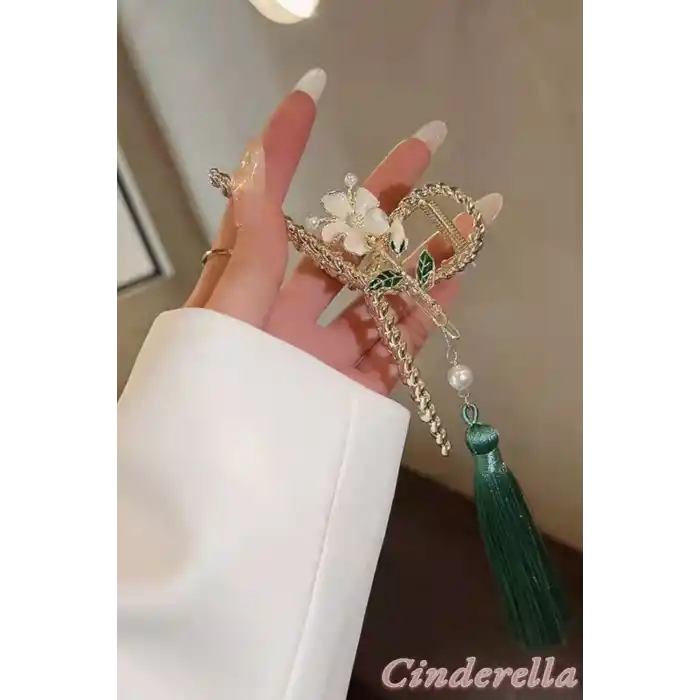 Kadın Yeşil Püsküllü Sarkıt İncili Model Metal Mandal Toka Gold - Büyük Mandallı Saç Tokası