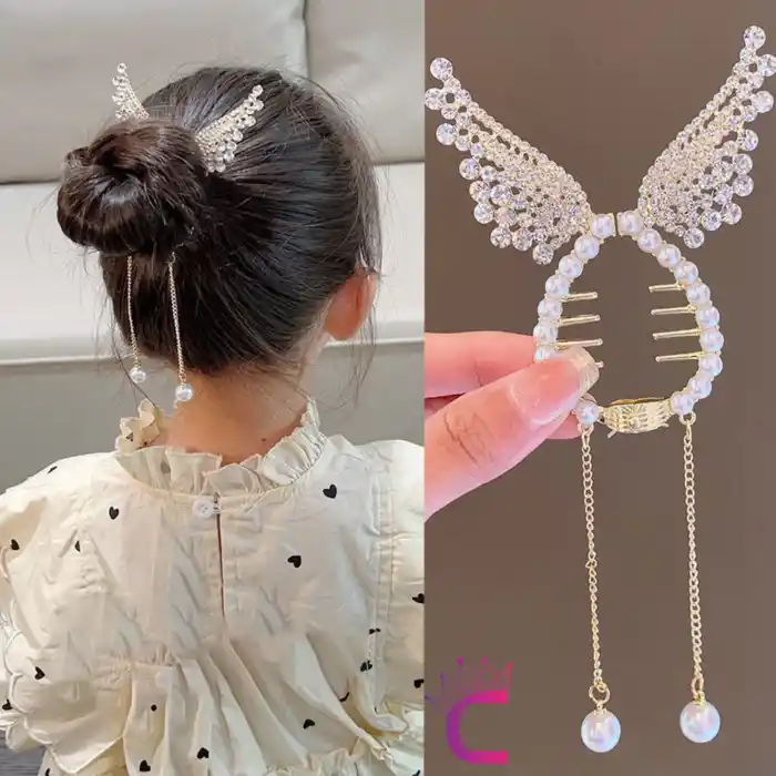 Kanat Tasarım İnci Taşlı Rhine-Stone Yaylı Topuz Tokası Metal Gold - Sallantılı Saç Topuz Toka