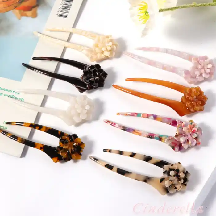 Kaplumbağa Sırtı Flower Fransız El Yapımı Lüks Asetat Kemik Topuz Tokası - Yeni Trend Topuz Çubuğu