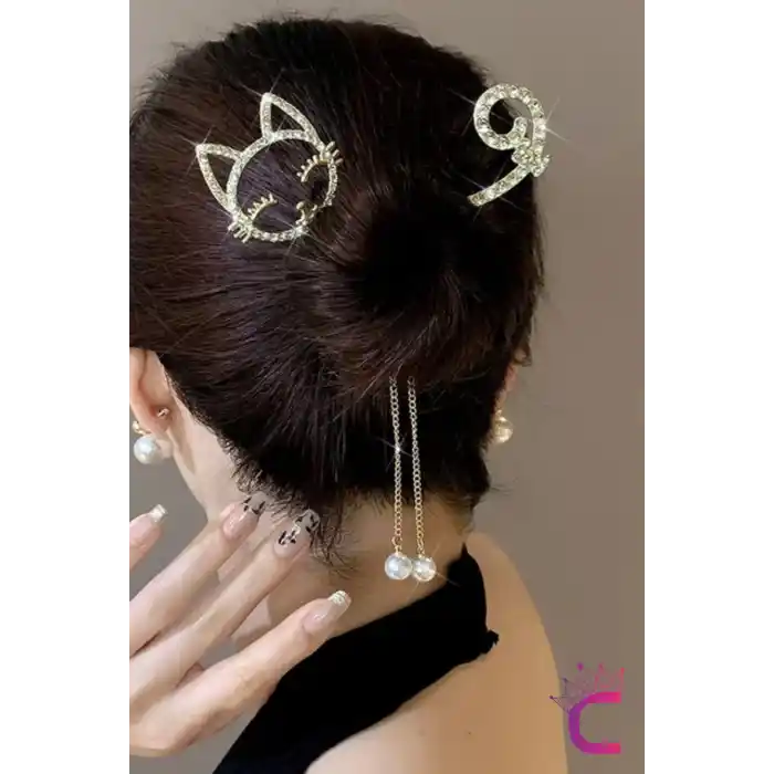 Kedi Tasarım İncili Taşlı Rhine-Stone Yaylı Topuz Tokası Metal Gold - Sallantılı Saç Topuz Toka